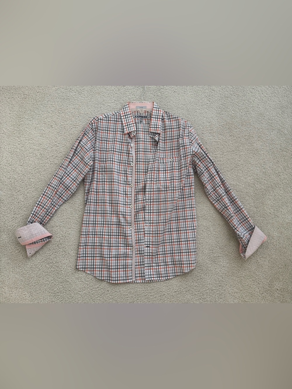 Express Men's Plaid Button-Down Shirt — White, orange & Gray